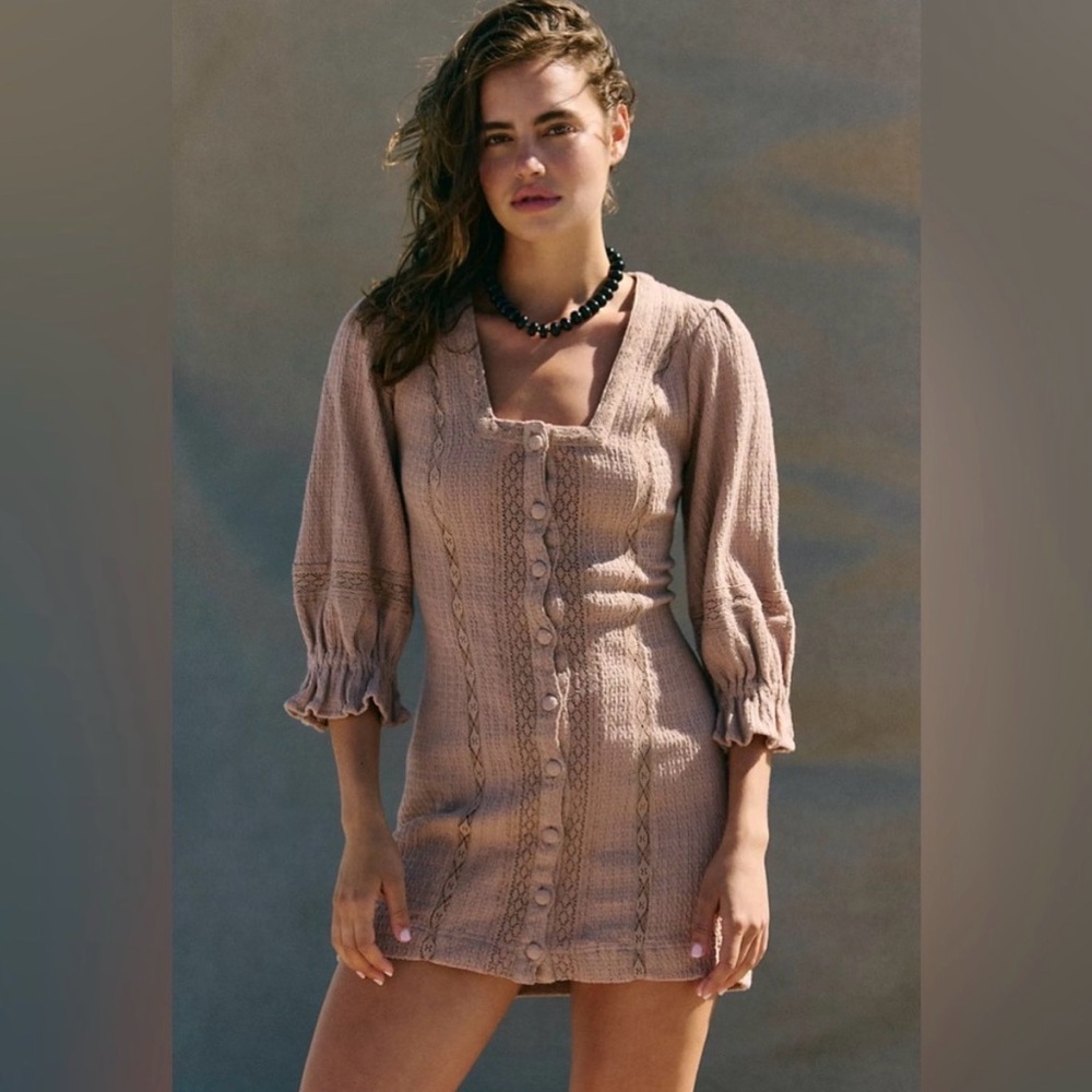 Free People Long Sleeve Jules Mini Dress Cocoa Brown